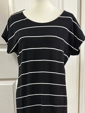 Lands' End Black & White Striped Midi T Shirt Dress